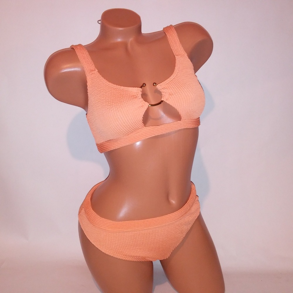 Nasty Gal Swim Bikini Size 4 Top & Bottom Orange Smocked Scrunch Solid Keyhole